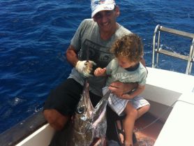 a blue on 50 lbs reel with my kid